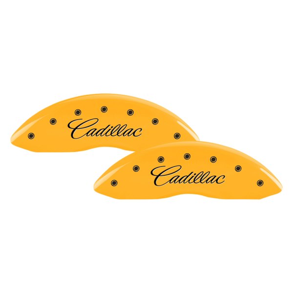 MGP® - Gloss Yellow Front Caliper Covers with Cadillac Cursive Engraving (Full Kit, 4 pcs)