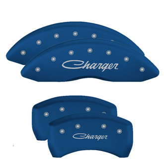 MGP® - Gloss Blue Caliper Covers with Charger Cursive Engraving (Full Kit, 4 pcs)