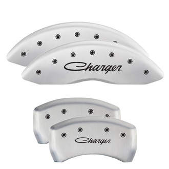 MGP® - Gloss White Caliper Covers with Charger Cursive Engraving (Full Kit, 4 pcs)
