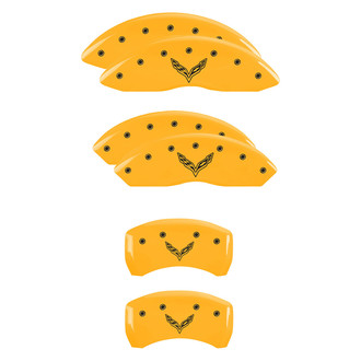 MGP® - Gloss Yellow Caliper Covers with V Emblem Corvette C7 Engraving (Full Kit, 6 pcs)