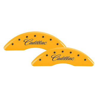 MGP® - Gloss Yellow Caliper Covers with Cadillac Cursive Engraving (Full Kit, 4 pcs)