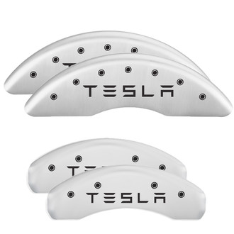 MGP® - Gloss White Caliper Covers with Tesla Engraving (Full Kit, 4 pcs)