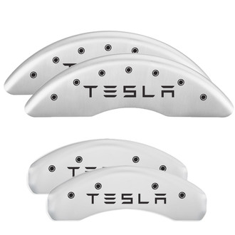 MGP® - Gloss White Caliper Covers with Tesla Engraving (Full Kit, 4 pcs)