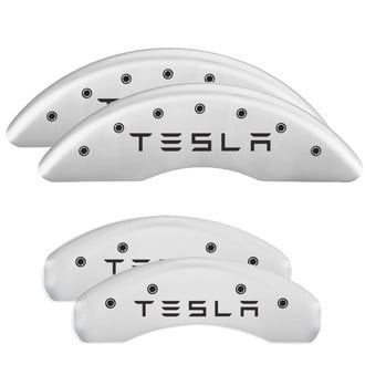 MGP® - Gloss White Caliper Covers with Tesla Engraving (Full Kit, 4 pcs)