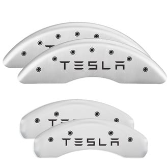 MGP® - Gloss White Caliper Covers with Tesla Engraving (Full Kit, 4 pcs)