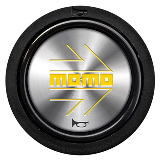 MOMO® - Brushed Silver Horn Button with Yellow Logo, with Flat Lip Profile Type