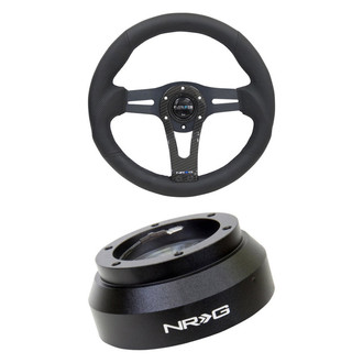 NRG Innovations® - 2-Pc 3-Spoke Black Leather Reinforced Steering Wheel Kit