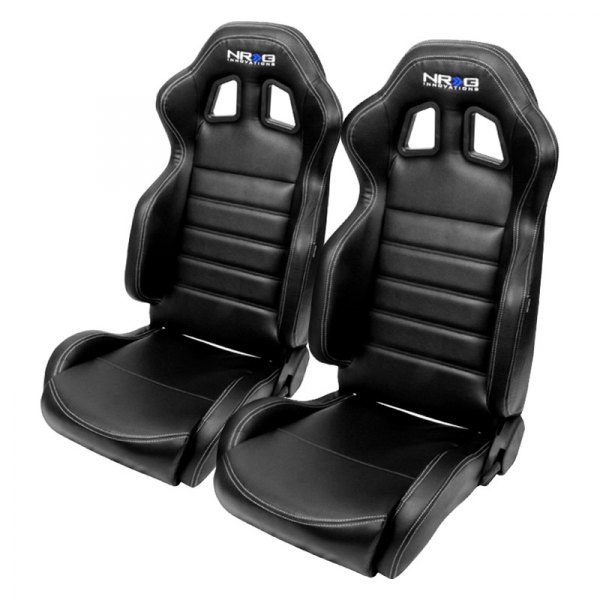 NRG Innovations® - Reclinable PVC Sport Seats, Black Leather with White Stitching