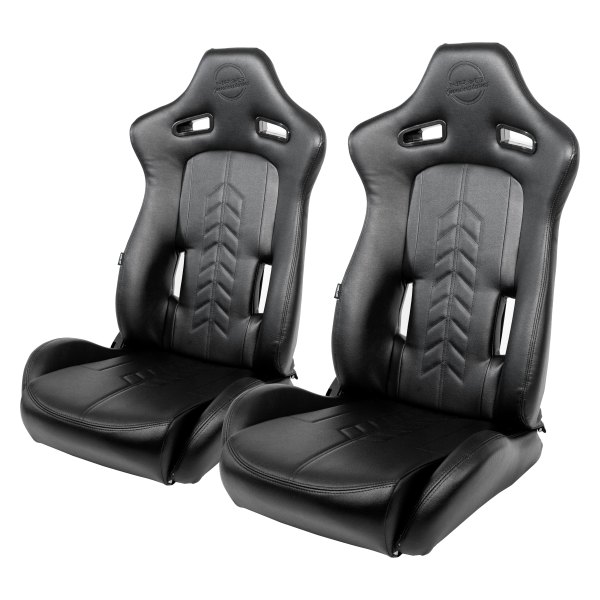 NRG Innovations® - The Arrow Series Sport Seats, Black Vinyl with Black Stitching and Pressed Logo
