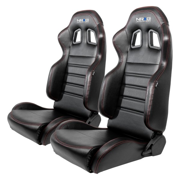 NRG Innovations® - Reclinable PVC Sport Seats, Black Leather with Red Stitching
