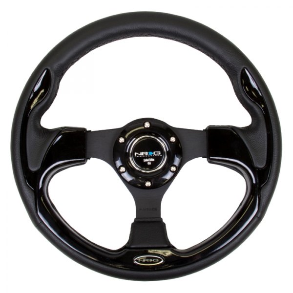 NRG Innovations® - 3-Spoke Pilota Series Black Leather Reinforced Steering Wheel with Black Trim