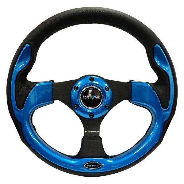 NRG Innovations® - 3-Spoke Pilota Series Black Leather Reinforced Steering Wheel with Blue Trim