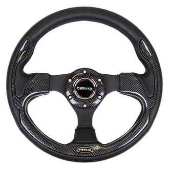 NRG Innovations® - 3-Spoke Pilota Series Black Leather Reinforced Steering Wheel with Carbon Fiber Look Trim
