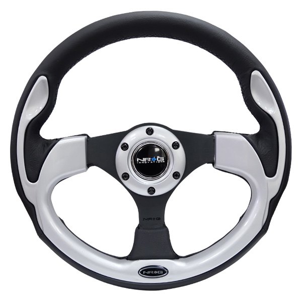 NRG Innovations® - 3-Spoke Pilota Series Black Leather Reinforced Steering Wheel with Silver Trim