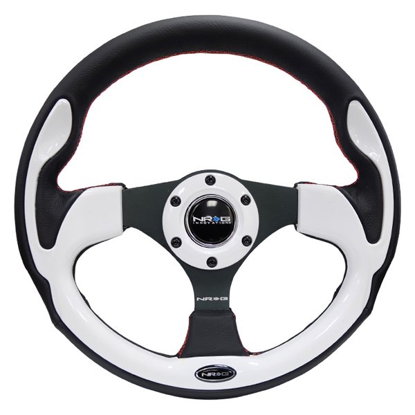 NRG Innovations® - 3-Spoke Pilota Series Black Leather Reinforced Steering Wheel with White Trim