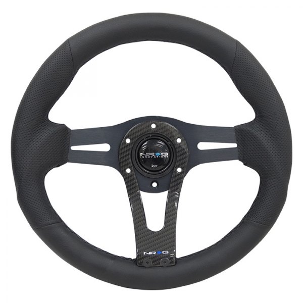 NRG Innovations® - 3-Spoke Black Leather Reinforced Steering Wheel with Carbon Fiber Center Spoke