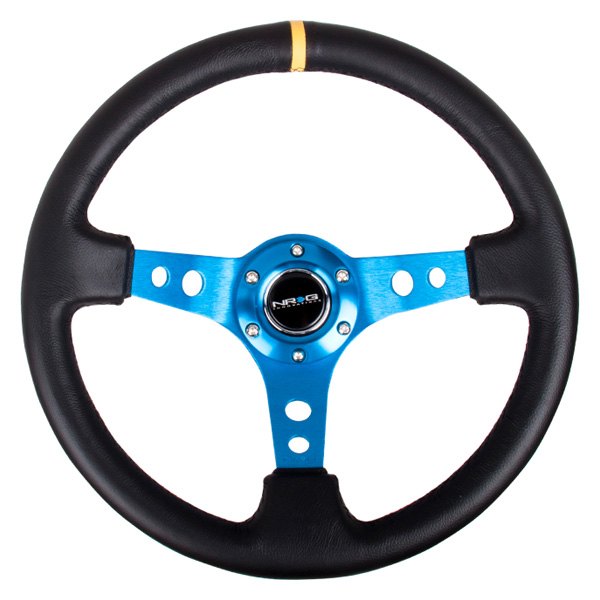 NRG Innovations® - 3-Spoke Black Leather Reinforced Steering Wheel with Round Holes and Center Mark