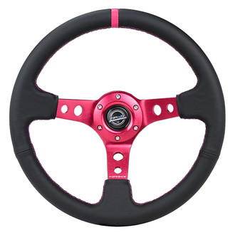 NRG Innovations® - 3-Spoke Black Leather Reinforced Steering Wheel with Center Mark and Round Holes
