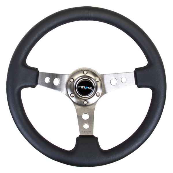 NRG Innovations® - 3-Spoke Black Leather Reinforced Steering Wheel with Center Mark and Round Holes