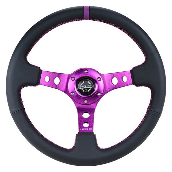 NRG Innovations® - 3-Spoke Black Leather Reinforced Steering Wheel with Round Holes and Center Mark