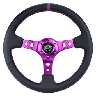 NRG Innovations® - 3-Spoke Black Leather Reinforced Steering Wheel with Round Holes and Center Mark