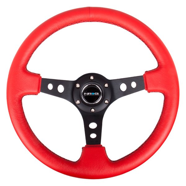 NRG Innovations® - 3-Spoke Red Leather Reinforced Steering Wheel with Round Holes and Center Mark
