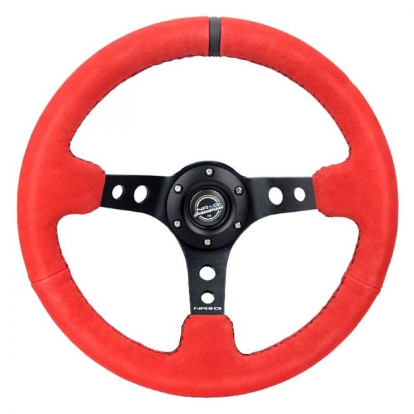 NRG Innovations® - 3-Spoke Red Suede Reinforced Steering Wheel with Round Holes and Center Mark