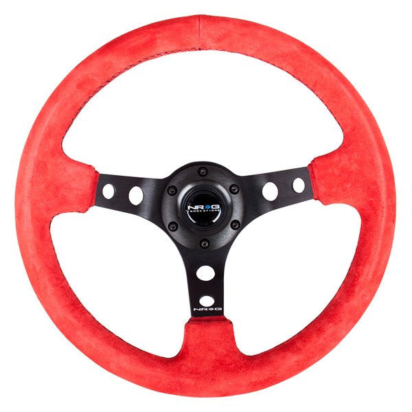 NRG Innovations® - 3-Spoke Red Suede Reinforced Steering Wheel with Center Mark and Round Holes