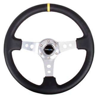 NRG Innovations® - 3-Spoke Black Leather Reinforced Steering Wheel with Round Holes and Center Mark