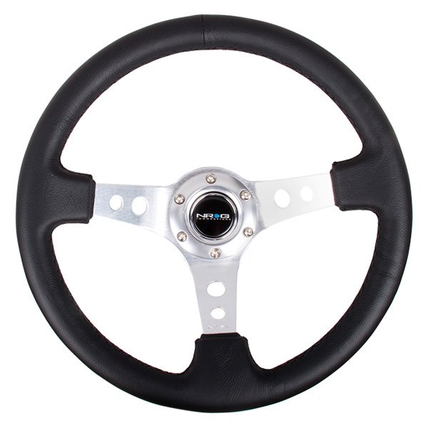 NRG Innovations® - 3-Spoke Black Leather Reinforced Steering Wheel with Center Mark and Round Holes