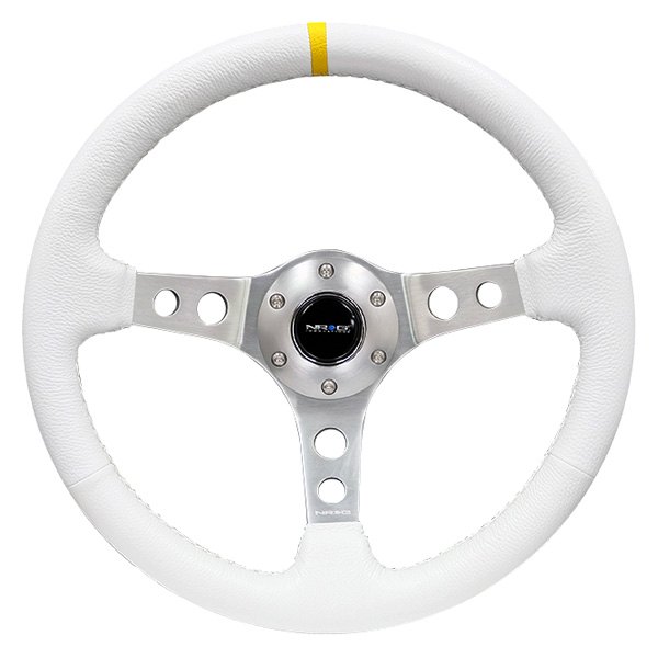 NRG Innovations® - 3-Spoke White Leather Reinforced Steering Wheel with Round Holes and Center Mark
