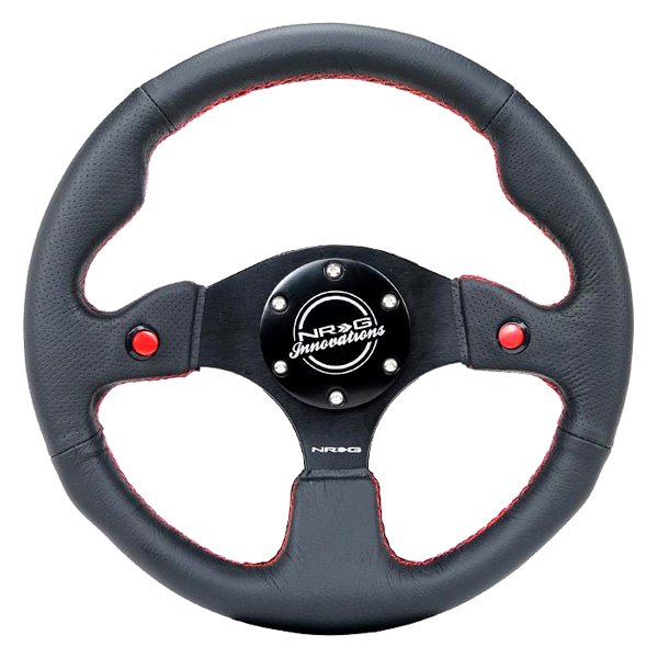 NRG Innovations® - 3-Spoke Black Leather Reinforced Steering Wheel with Dual Buttons