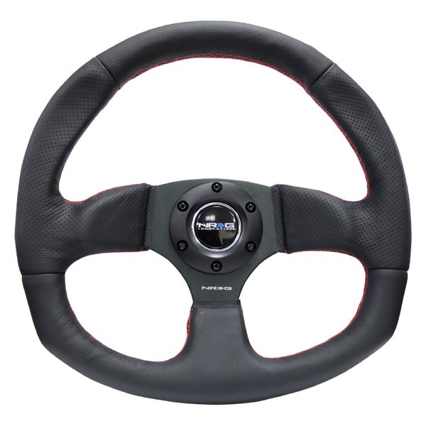 NRG Innovations® - 3-Spoke Black Leather D-Shape Reinforced Steering Wheel with Red Stitch