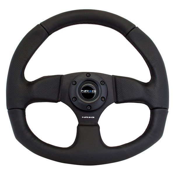 NRG Innovations® - 3-Spoke Black Leather D-Shape Reinforced Steering Wheel with Black Stitch
