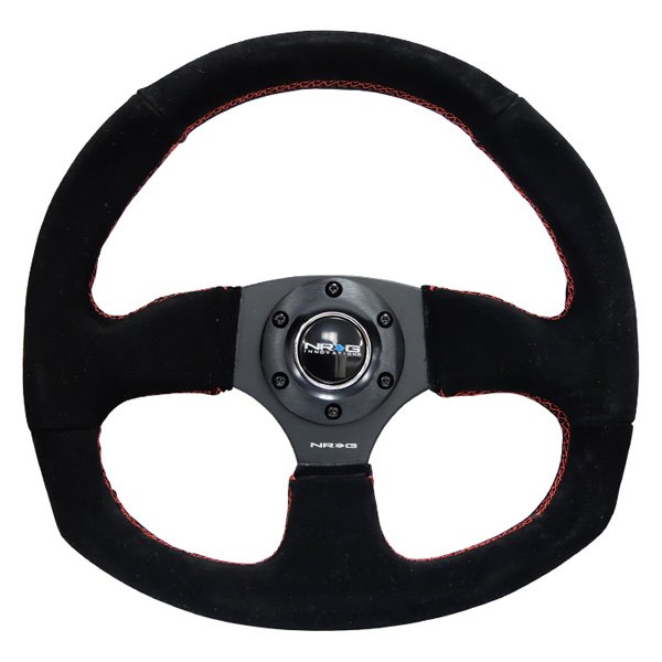 NRG Innovations® - 3-Spoke Black Suede D-Shape Reinforced Steering Wheel with Red Stitch