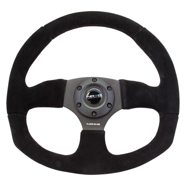 NRG Innovations® - 3-Spoke Black Suede D-Shape Reinforced Steering Wheel with Black Stitch