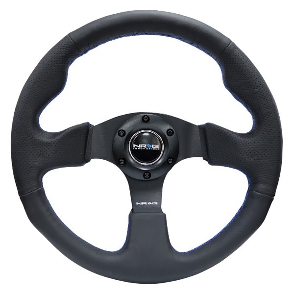 NRG Innovations® - 3-Spoke Race Style Black Leather Reinforced Steering Wheel with Blue Stitching