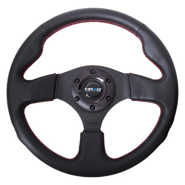 NRG Innovations® - 3-Spoke Race Style Black Leather Reinforced Steering Wheel with Red Stitching