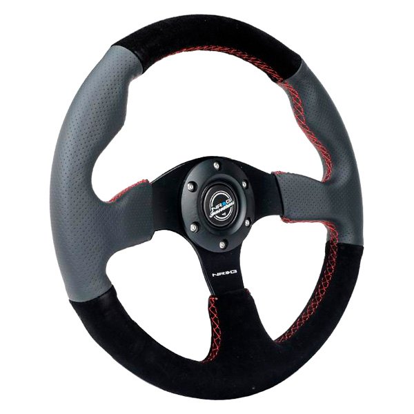 NRG Innovations® - 3-Spoke Race Style Black Leather/Suede Reinforced Steering Wheel with Red Stitching