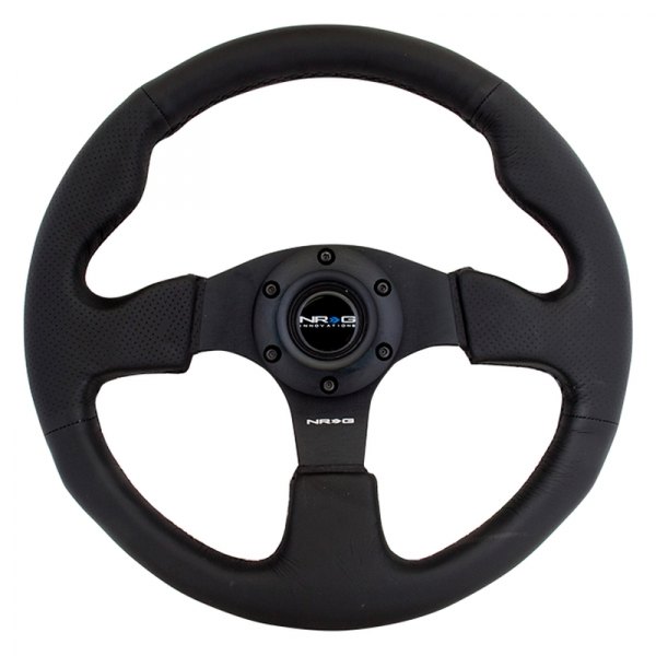 NRG Innovations® - 3-Spoke Race Style Black Leather Reinforced Steering Wheel with Black Stitching