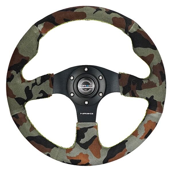NRG Innovations® - 3-Spoke Race Style Camo Suede Reinforced Steering Wheel with Green Stitching