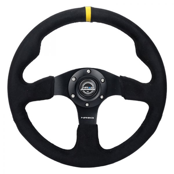 NRG Innovations® - 3-Spoke Alcantara Ultra Suede Reinforced Steering Wheel with Yellow Central Mark and Black Stitch
