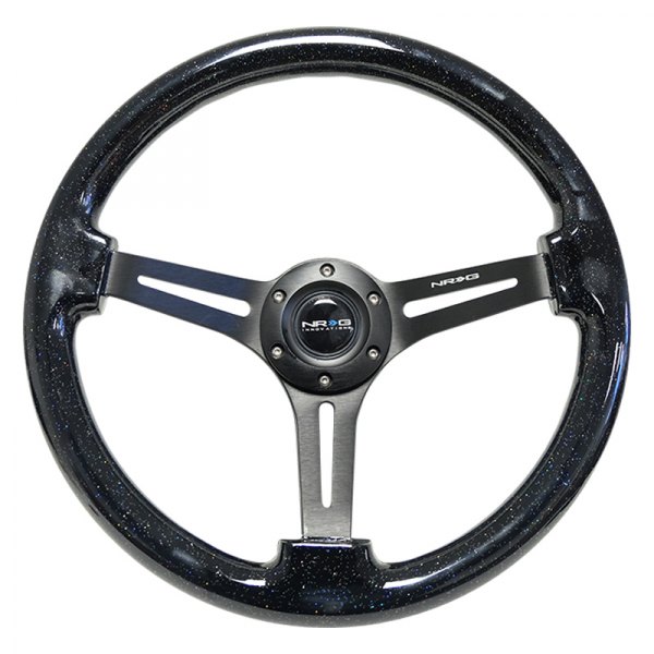 NRG Innovations® - 3-Spoke Classic Slotted Sparkle Black Wood Grain Reinforced Steering Wheel with Neo Chrome Spokes
