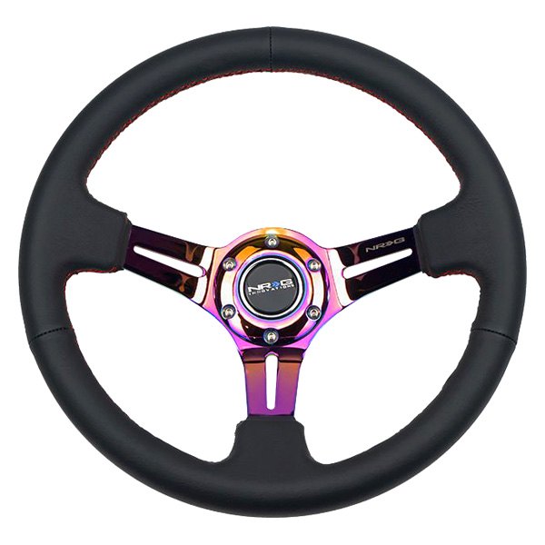 NRG Innovations® - 3-Spoke Black Leather Reinforced Steering Wheel with Neo Chrome Spokes and Slits