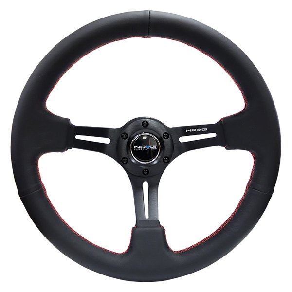 NRG Innovations® - 3-Spoke Black Leather Reinforced Steering Wheel with Black Spokes and Slits