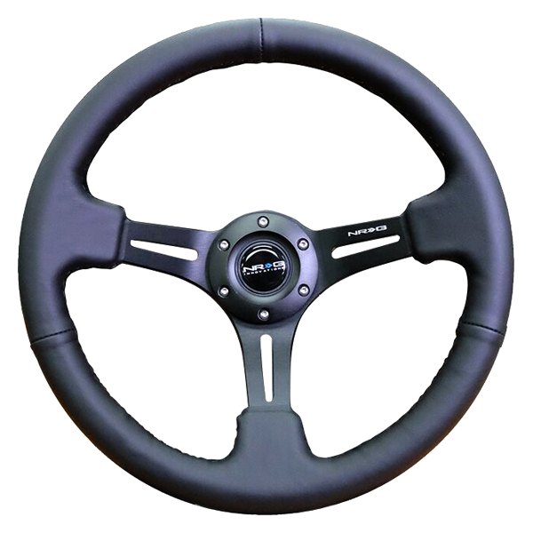 NRG Innovations® - 3-Spoke Black Leather Reinforced Steering Wheel with Black Spokes and Slits