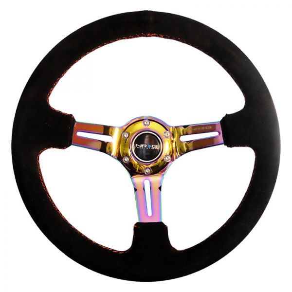NRG Innovations® - 3-Spoke Black Suede Reinforced Steering Wheel with Neo Chrome Spokes and Slits