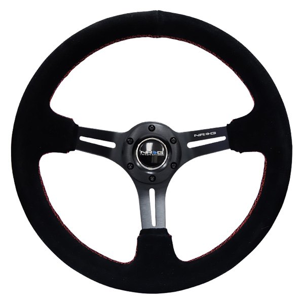 NRG Innovations® - 3-Spoke Black Suede Reinforced Steering Wheel with Black Spokes and Slits