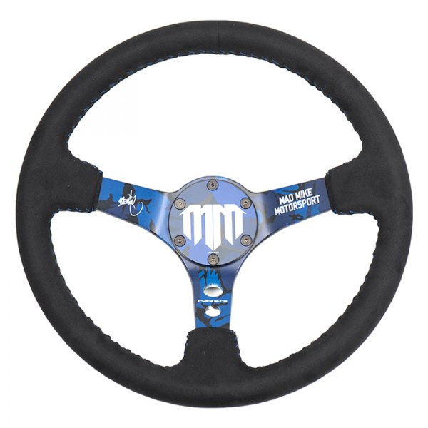NRG Innovations® - 3-Spoke MadMike Signature Black Alcantara Reinforced Steering Wheel with Blue Stitching