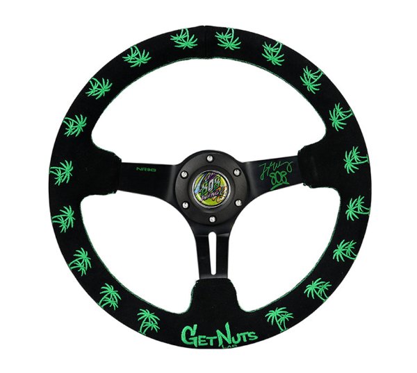 NRG Innovations® - 3-Spoke Forrest Wang Signature Black Suede Reinforced Steering Wheel with Green Palm Trees